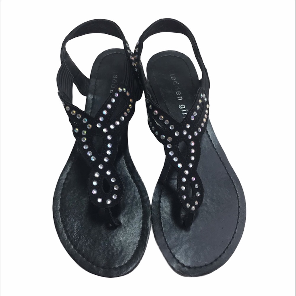 Madden Girl 6.5 Women’s Sandals Black Rhinestones Casual Flat Shoes Open Toe